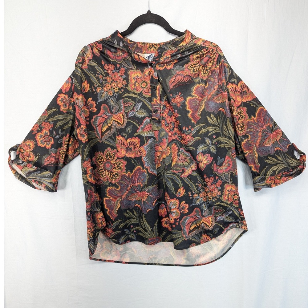 TOP NOTCH Floral Print Button Up‎ Blouse 3/4 Sleeve High Neck Women's Size M